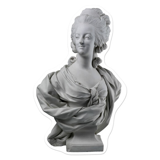 A shaped postcard featuring a photographic reproduction of a sclptural bust of Marie Antoinette 